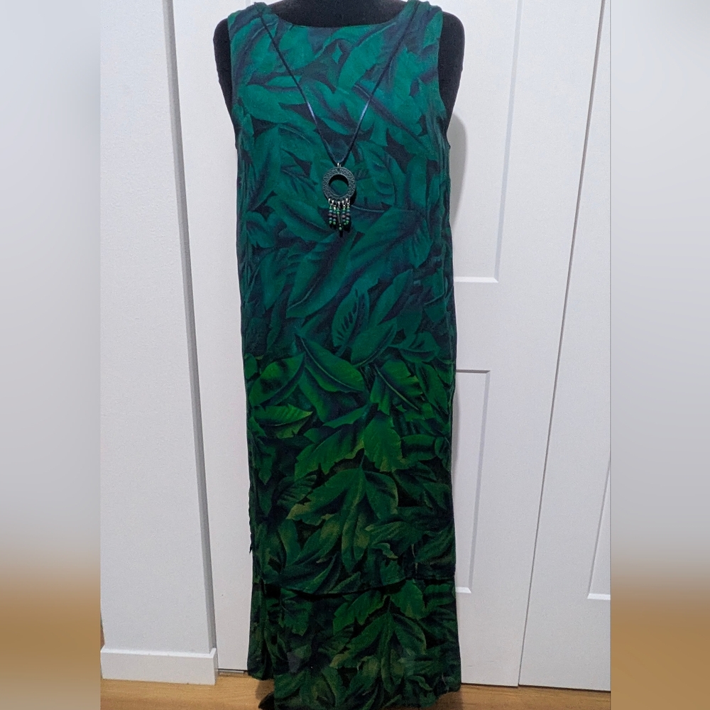 Cascais Vintage 90s Tropical Palm Print Layered Maxi Dress Teal Green Sz 8 Rayon - Picture 6 of 10
